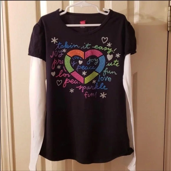 Hanes Black White Long Sleeve Faux Layered T-shirt Top Girls Size Large